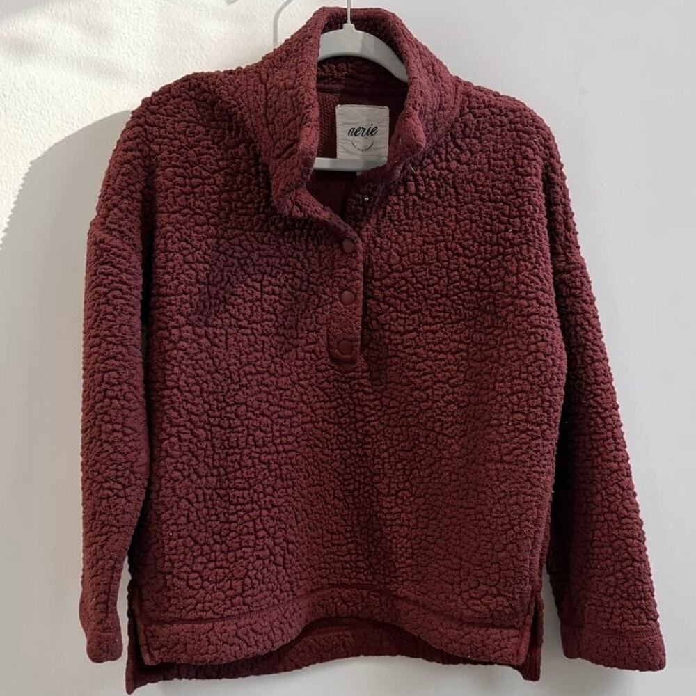 Aerie Sherpa Pullover Burgundy Snap Neck Cozy Fleece Cropped Sweatshirt WXS